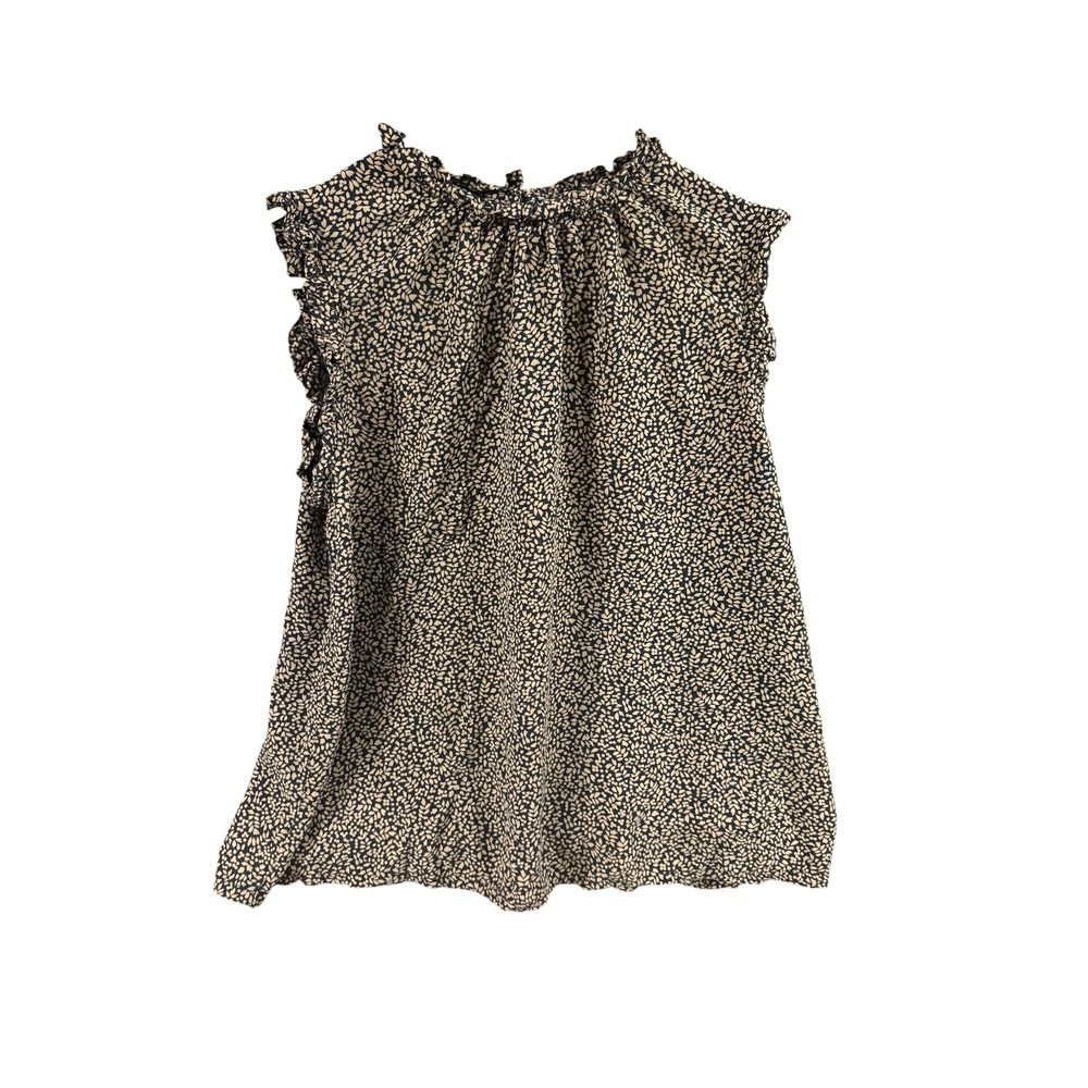 A New Day Womens Large Black Tan Floral Ruffle Sleeveless Blouse Keyhole Back